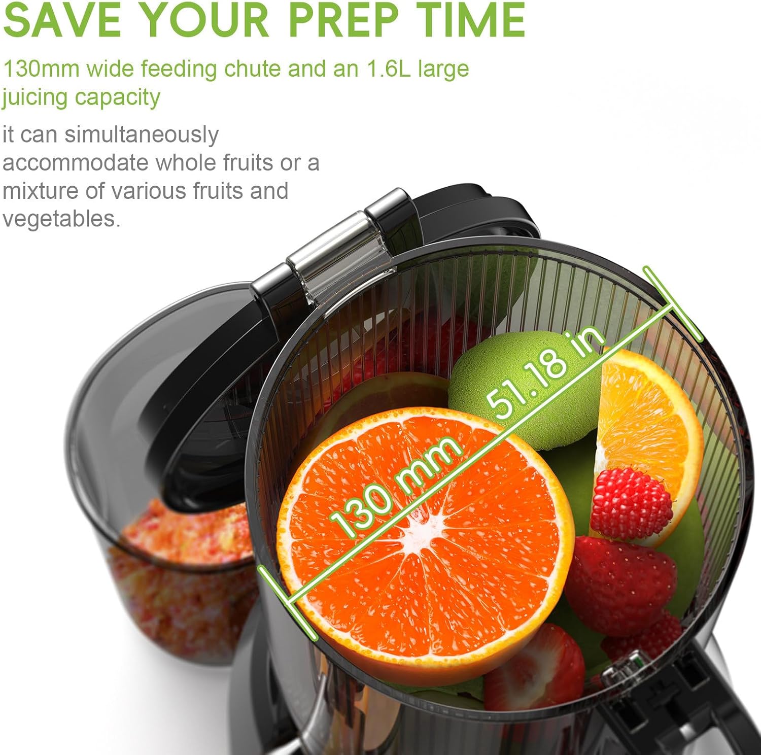 Masticating Juicer-Large Feed Chute 13cm, 250w Self Feeding Cold Press Juicer-1.6l Capacity,Slow Juicer Machines,Juice Extractor for Whole Fruits & Vegetables, Heavy Duty, Easy(